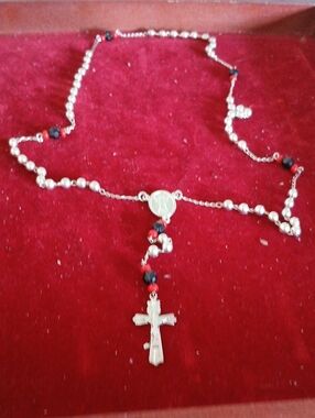 Sterling Silver Rosary Necklace with Black and Red Beads